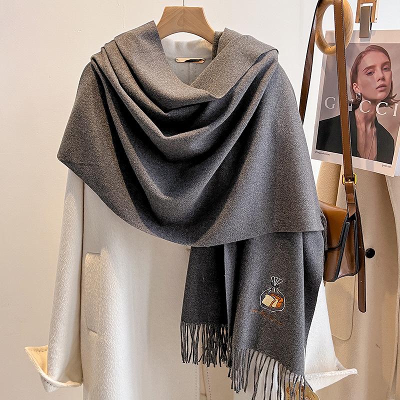 New Autumn and Winter Scarf Women's Imitation Cashmere Embroidered Scarf Men's Warm Couple Versatile and Cute Student