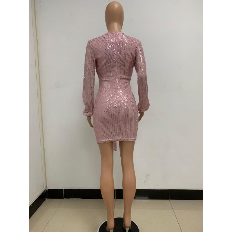 Summer Women's Dress Deep V Pleated Streamer Dress Long Sleeve Sequin Hip Wrap Dress
