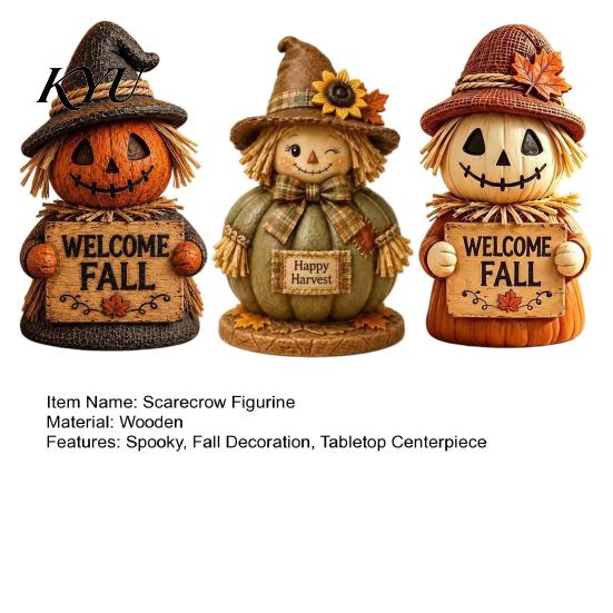 Distressed Wood Harvest Figurines 3 Pcs Fall Wooden Scarecrow Figurines, Farmhouse Rustic Statue with Maple Seasonal Holiday Party Supplies