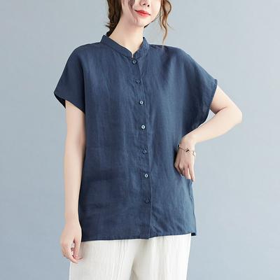 Summer Literature Loose Solid Color Cotton Linen Standing Collar Short Sleeved Shirt Women's Shirt Top Blouses & Shirts
