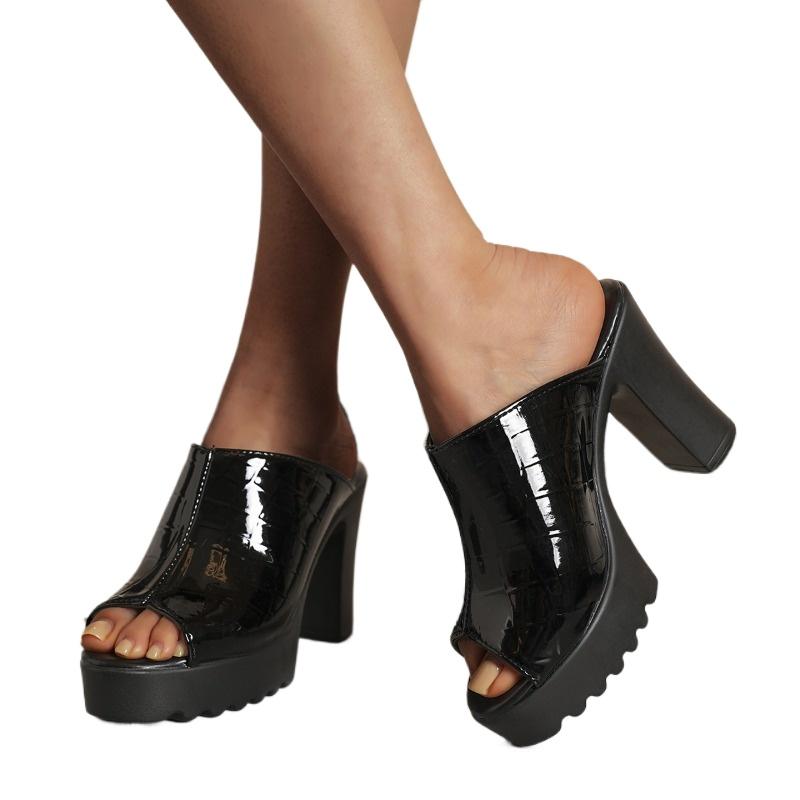 

Fashion 2025 NEW Platform Sandals Slipper Square Toe Chunky Heels Genuine Leather Slip-On Fashion Elegant Sexy High Women Shoes 40 чёрный