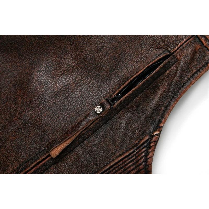 Čínská velikost Vintage hnědé motocyklové vesty Muži Přírodní hovězí kůže Bunda z pravé kůže Pánská jezdecká vesta bez rukávů Motorkářské bundy