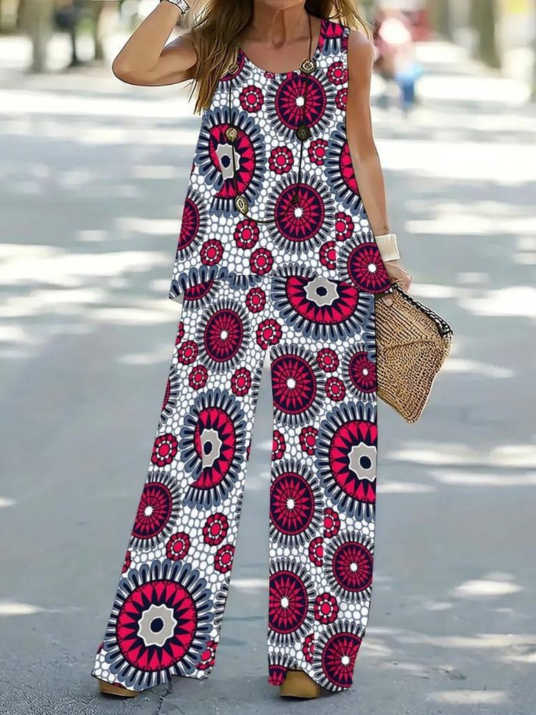Temu spring and summer new European and American fashion women's clothing abstract printing sleeveless vest wide-leg pants set