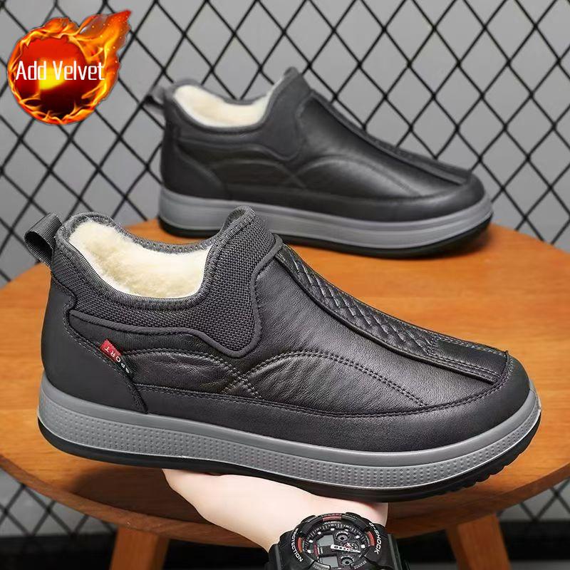 Men's New Winter Leather Snow Boots Fleece Lined Thickened Insulated Flat Heel Height Boost Anti Slip Casual Slip On Footwear
