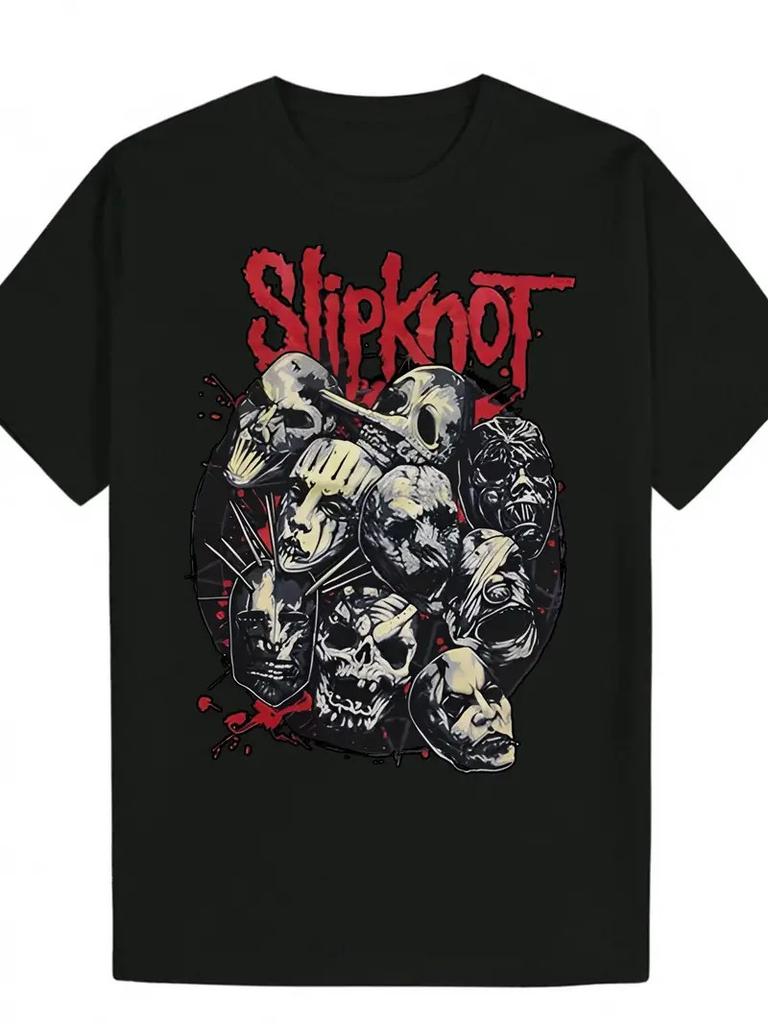 Schwarzes Polyester Herren Slipknot Grafik T-Shirt | Lässiges T-Shirt mit Schädeldesign,