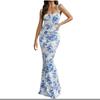 Women's Square Neck Sleeveless Maxi Dress Slim Fit High Waist Floral Print Tie Strap Mermaid Backless Sexy Summer Party Dress