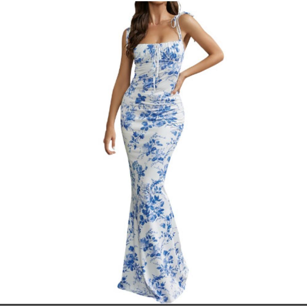 Women's Square Neck Sleeveless Maxi Dress Slim Fit High Waist Floral Print Tie Strap Mermaid Backless Sexy Summer Party Dress