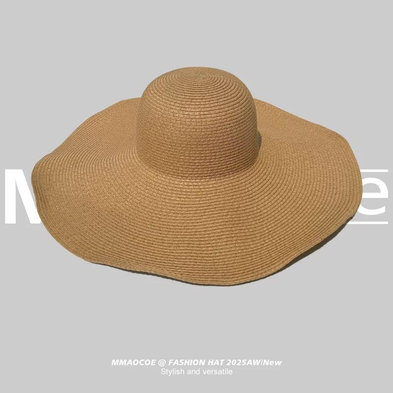 New French Flat-top Straw Hat Women's Big Head Circumference Seaside Beach Top Hat Woven Sun Hat Summer