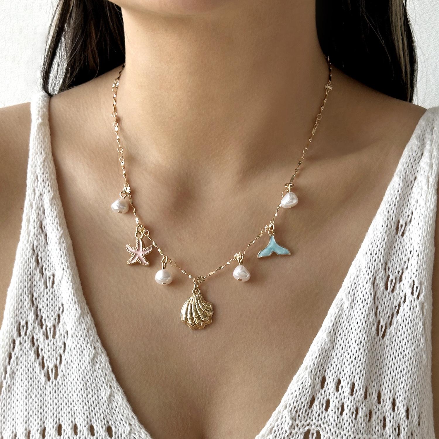 

Classic Colorful Starfish Pendant Necklace for Women Handmade Imitation Pearl Shell Link Chain Necklace Summer Holiday Jewelry