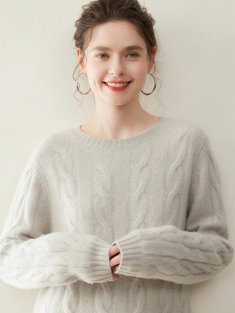 Women's Cashmere Cable Knit Sweater: Round Neck, Long Sleeve, Thickened for Autumn/Winter, Loose Fit