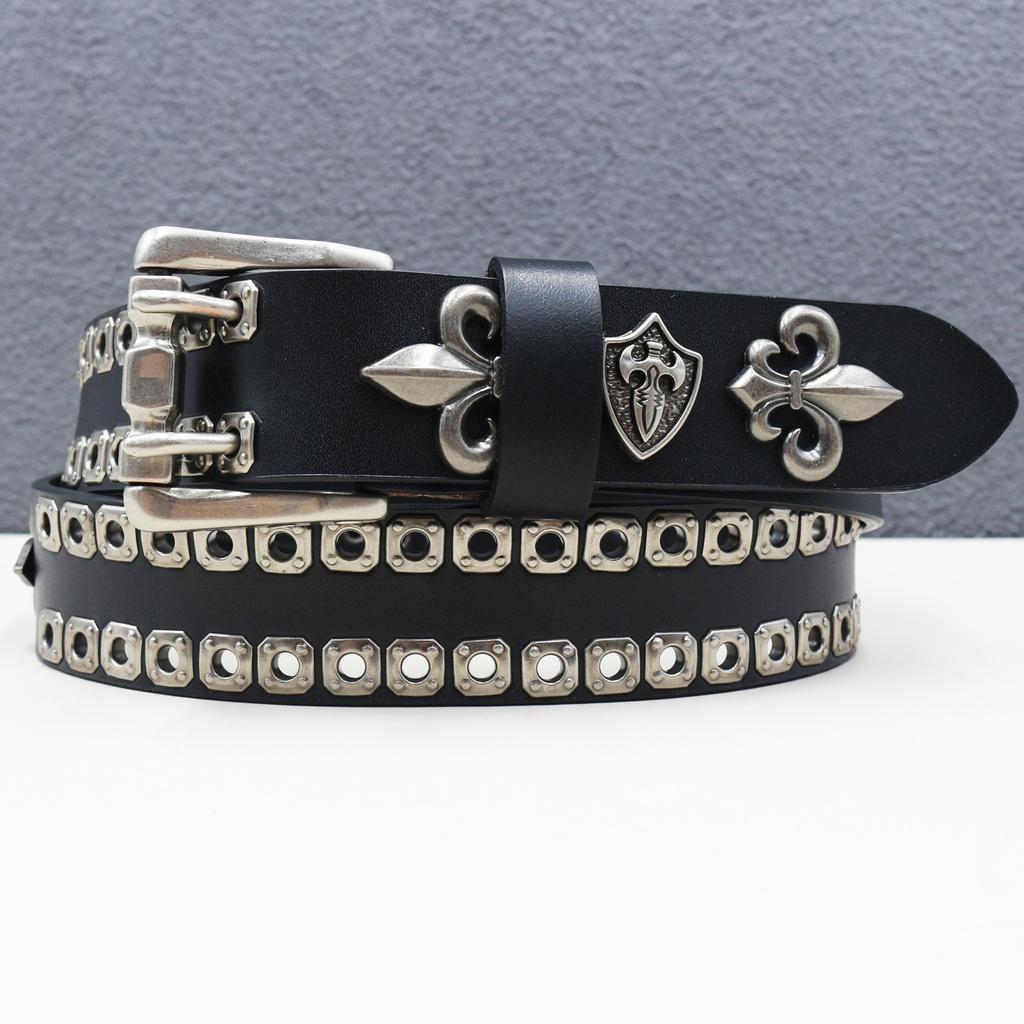 Abi Leather New Style of Personalized Crow Shield Rivet Cowhide Belt Hollow Corn Rivet Belt