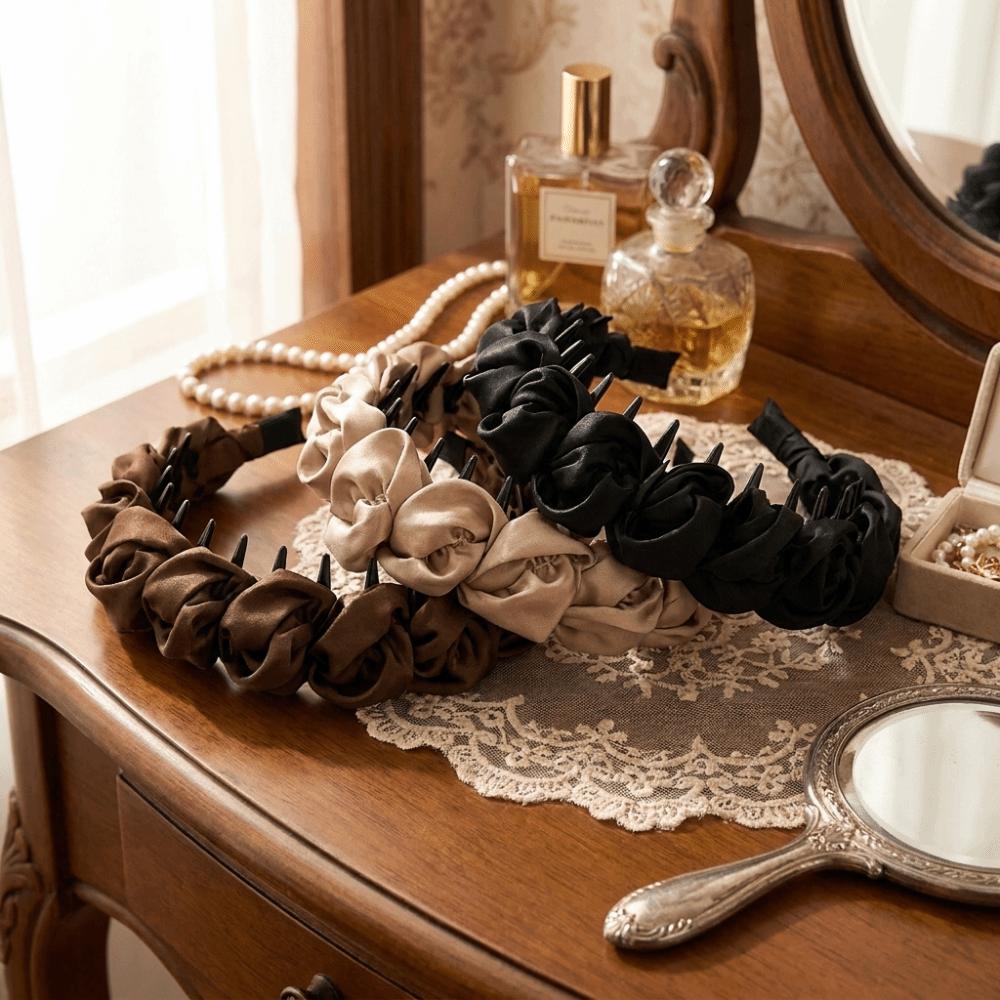 3Pcs/Set High-Volume Satin Bubble Hair Hoop Non-Slip Teeth Top Hairband Hairband Set Facial Washing