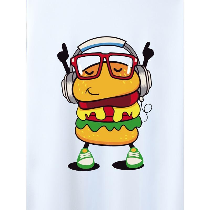 European Size Men's Casual Trendy Hamburger Graphic Print Comfortable Crew Neck Short Sleeve T-shirt, Oversized Loose Clothing Plus Size