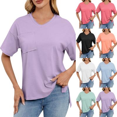 Women's Fashion Solid Color V Neck Short Sleeved Pocket Pullover Casual T-shirt Top