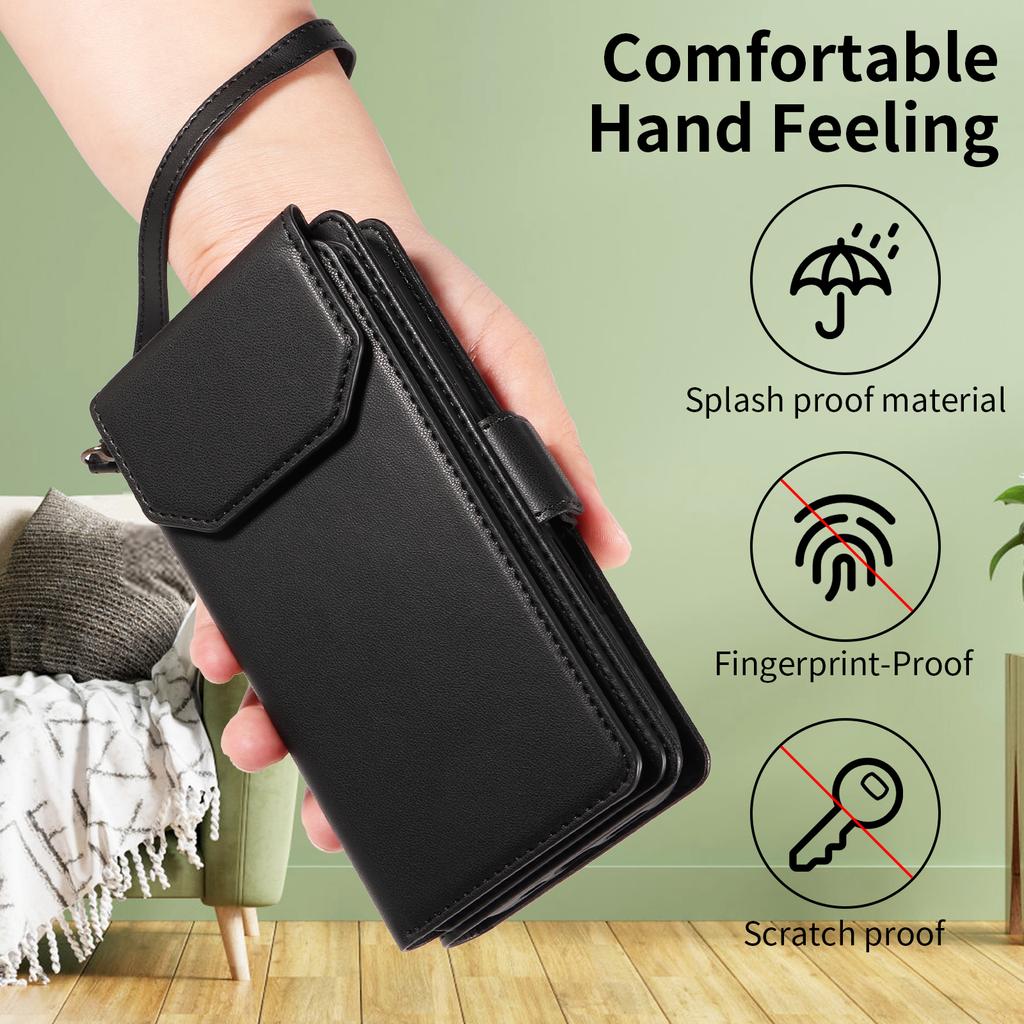 For Samsung Galaxy S25 FE Case with Multi-Card Holder and Strap PU Leather Phone Cover Stand