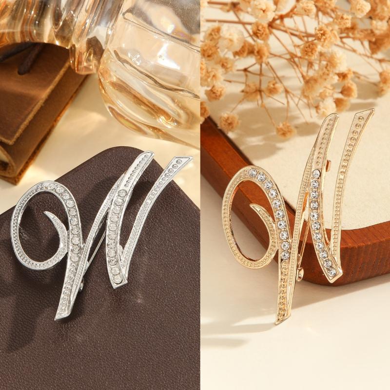 2Pcs  Full  Encrusted Gold And Silver Alphabet Letter Brooches Pins Minimalist Clothing Jewelry Accessory
