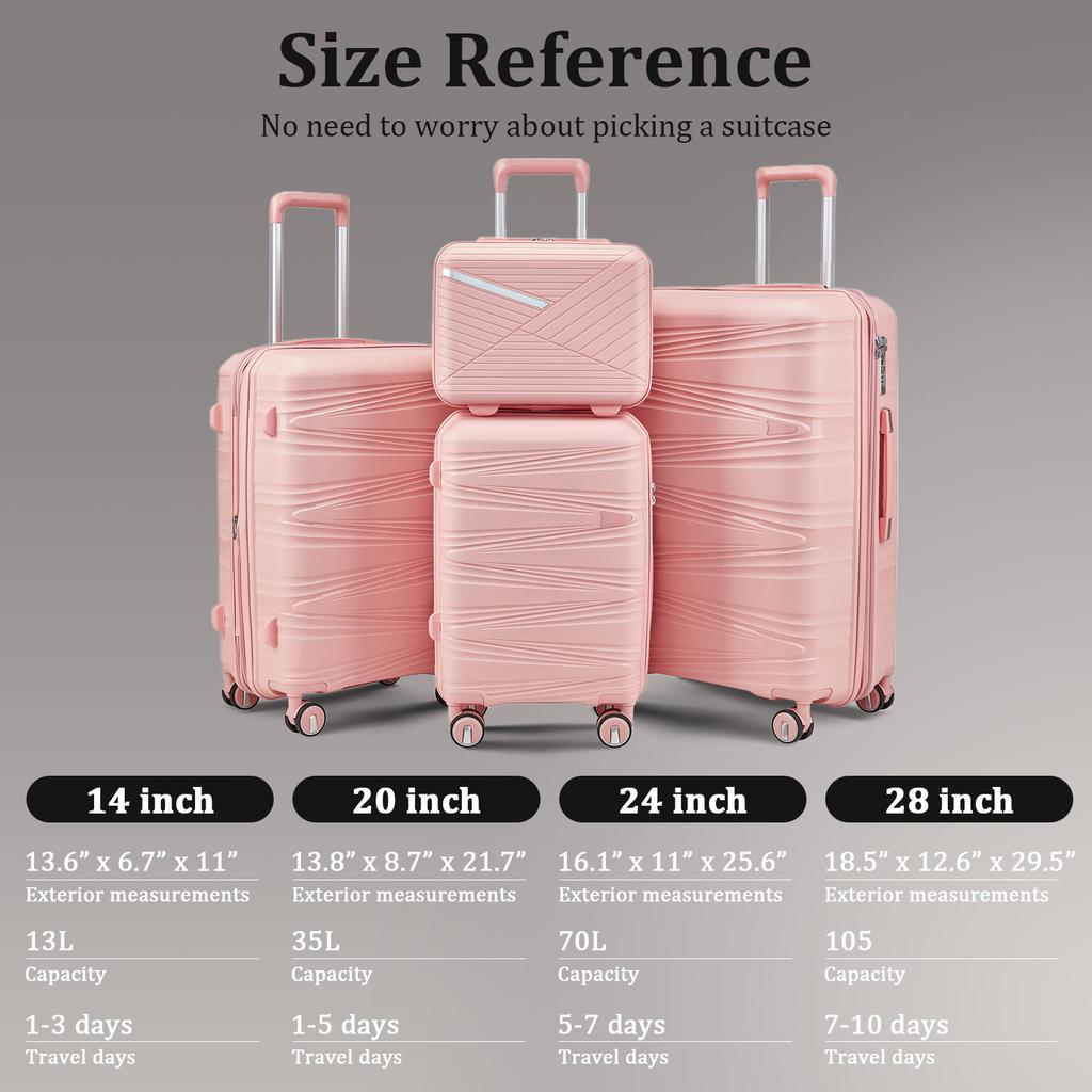 4-Piece Hardshell Luggage Set PP, Suitcase (20/24/28 Inch), 14" Cosmetic Case, Removable Wheels, Space-Saving, Lightweight & Robust Combination Lock