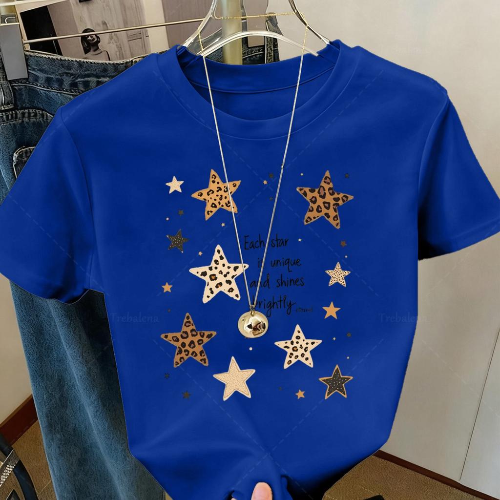 Leopard Star Printed Women's T-shirt, this casual summer top is a round neck short-sleeved patterned T-shirt