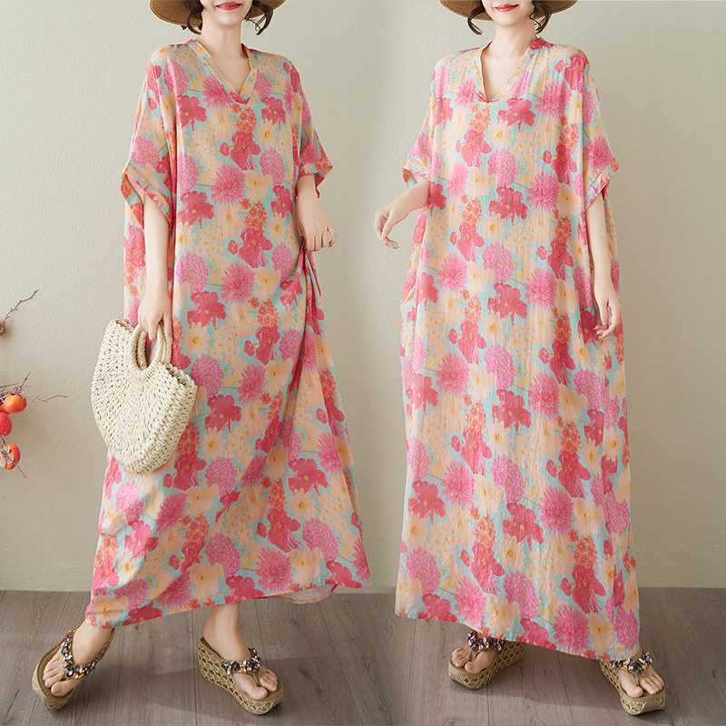V-neck Retro Long Skirt Cotton Linen Dress for Women