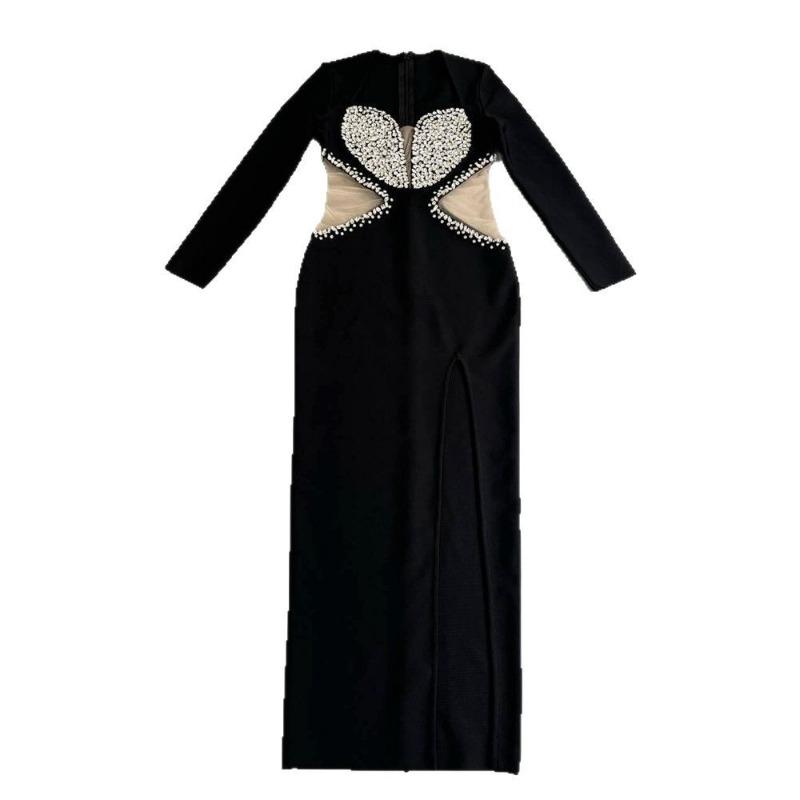 New long-sleeved bandage dress mesh party evening dress heavy industry ordering diamond hip-wrapped women's clothing slim-fitting long group