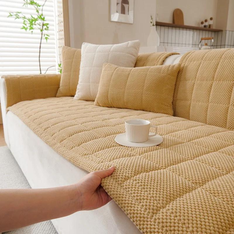 1Count Checker Pattern Couch Elastic Cover Plain Color Padded Snuggly Plush Couch Throw Covers Grippy Couch Elastic Covers Sofa Cushion Mat For
