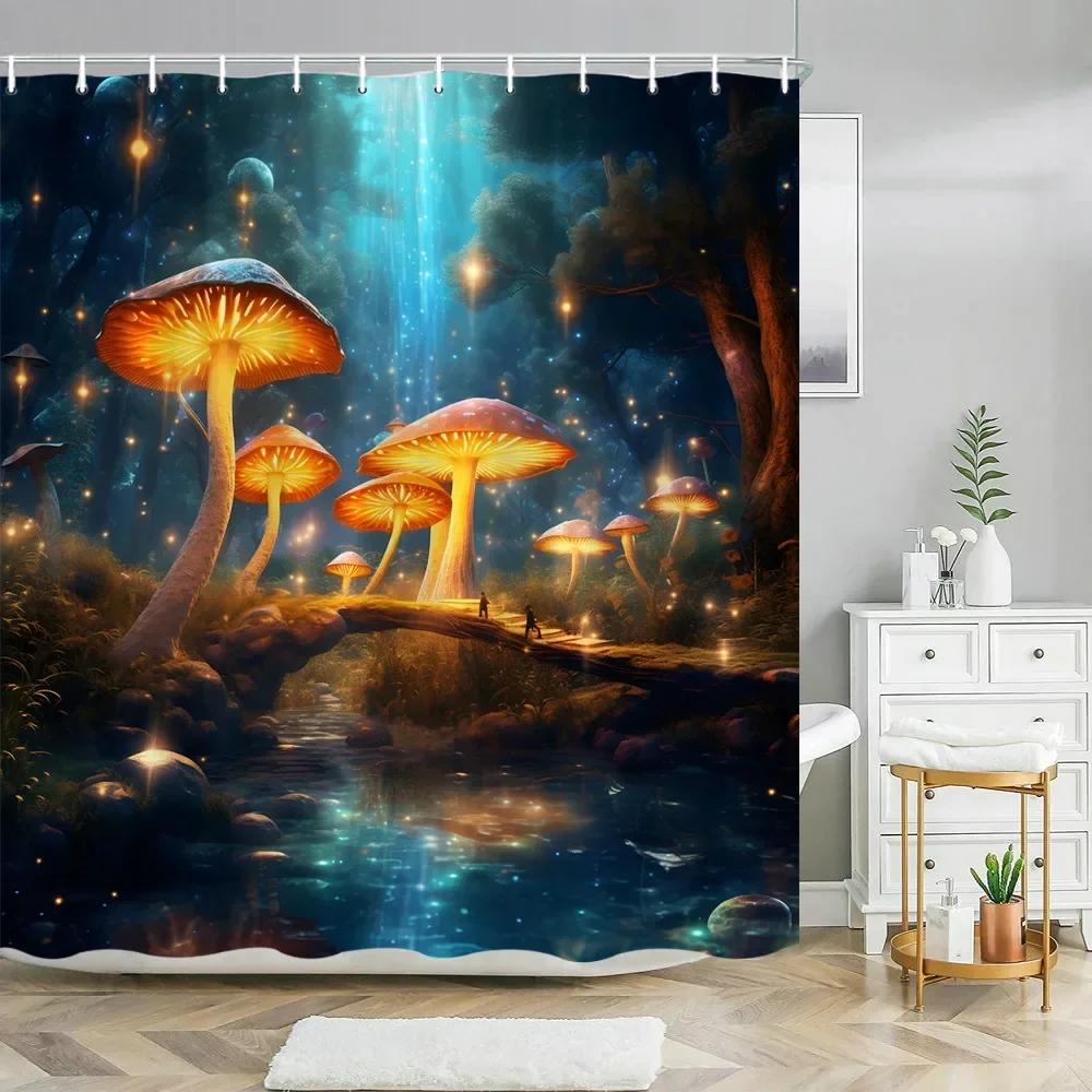 Fantasy Mushroom Shower Curtains Fairy Forest Tree Gothic Panel Jungle Green Zen River Bathroom Decor Shower Curtain With Hooks