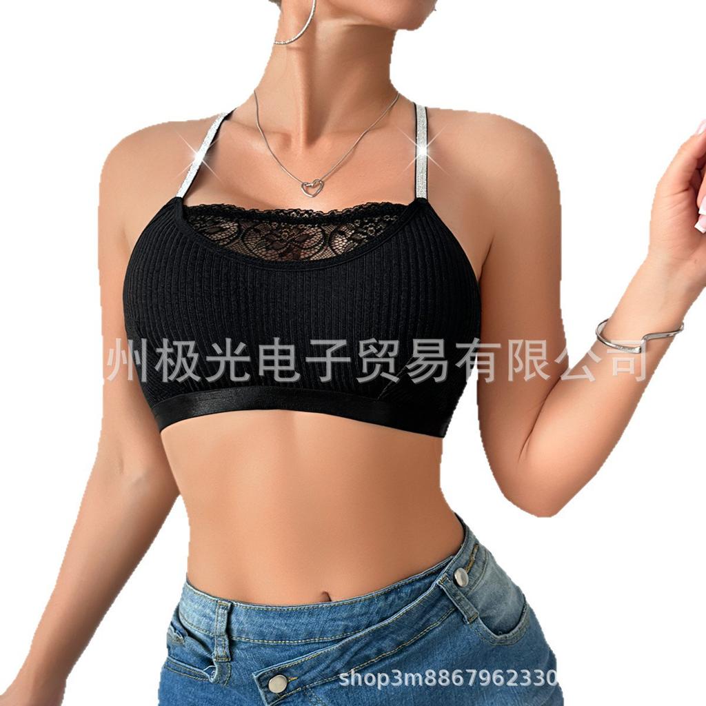 Women Ribbed Lace Patchwork Wireless Y Back Bralette