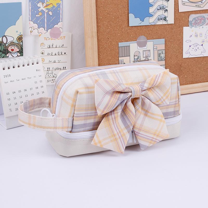 

Двухслойный пенал большой емкости, японский холщовый студенческий пенал с сердечком для девочек, клетчатый пенал с милым бантом, подарки для девочек yellow with bow