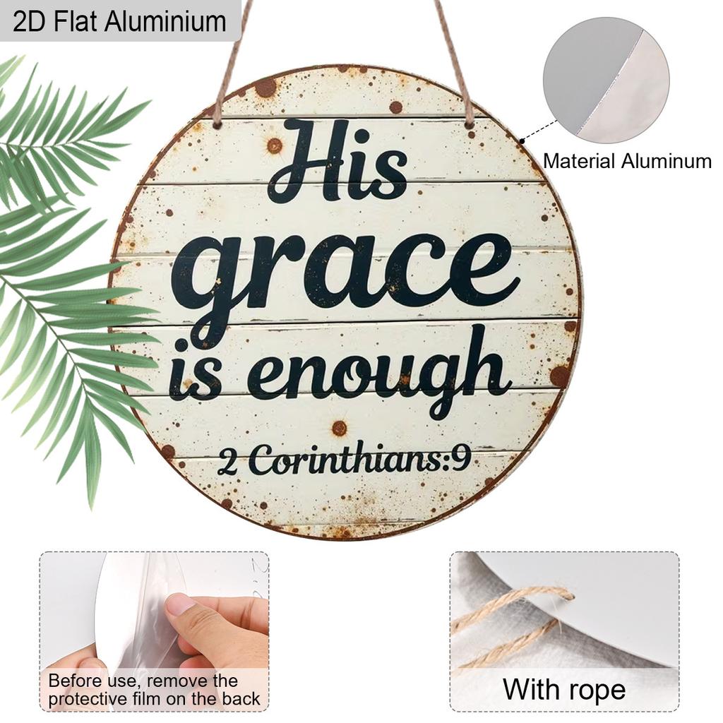 2D Flat Aluminum His Grace Is Enough Christian Wall Decor, Round Metal Sign with Rustic Wood Look, 2 Corinthians Bible Verse Scripture Plaque for