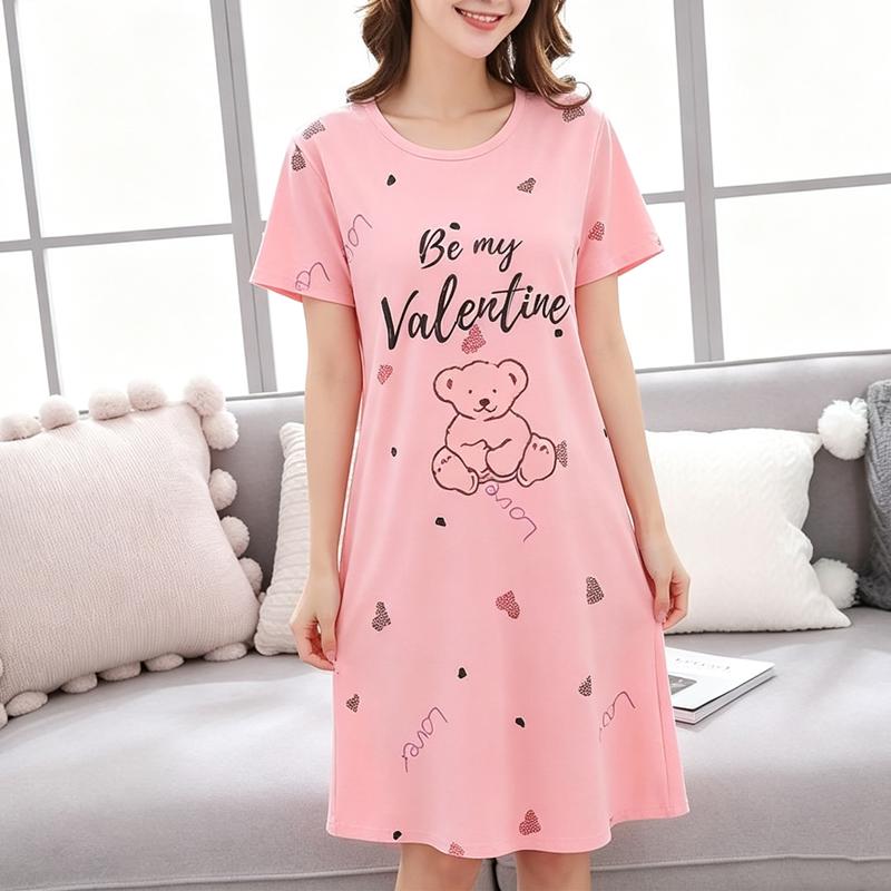 Summer Thin Comfortable Home Clothes Short Sleeve Loose Women's Nightgown Cartoon plus Size Casual Wear round Neck Pullover
