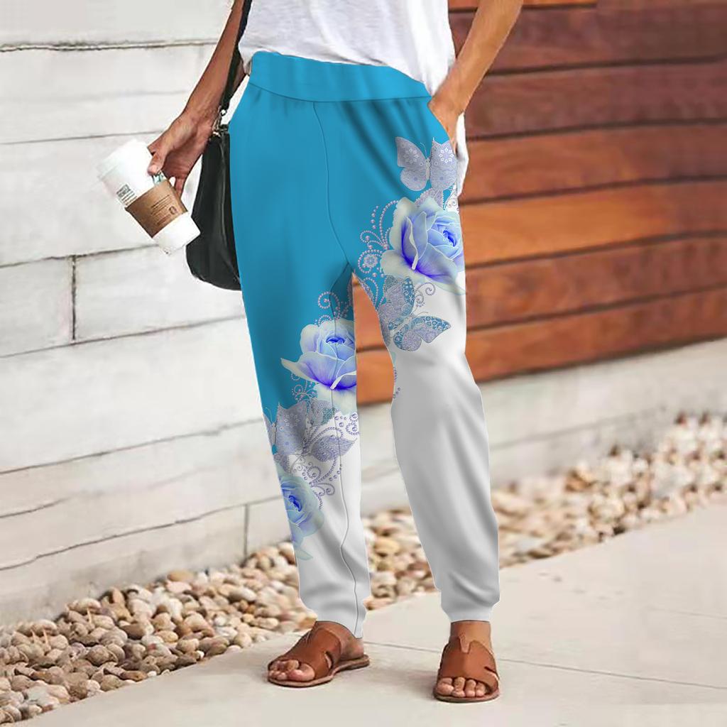 Women 3D Blue Pearl Rose Print Pants Lace Up Elastic Waist Loose Trousers Casual Long Pants Trousers with Pockets