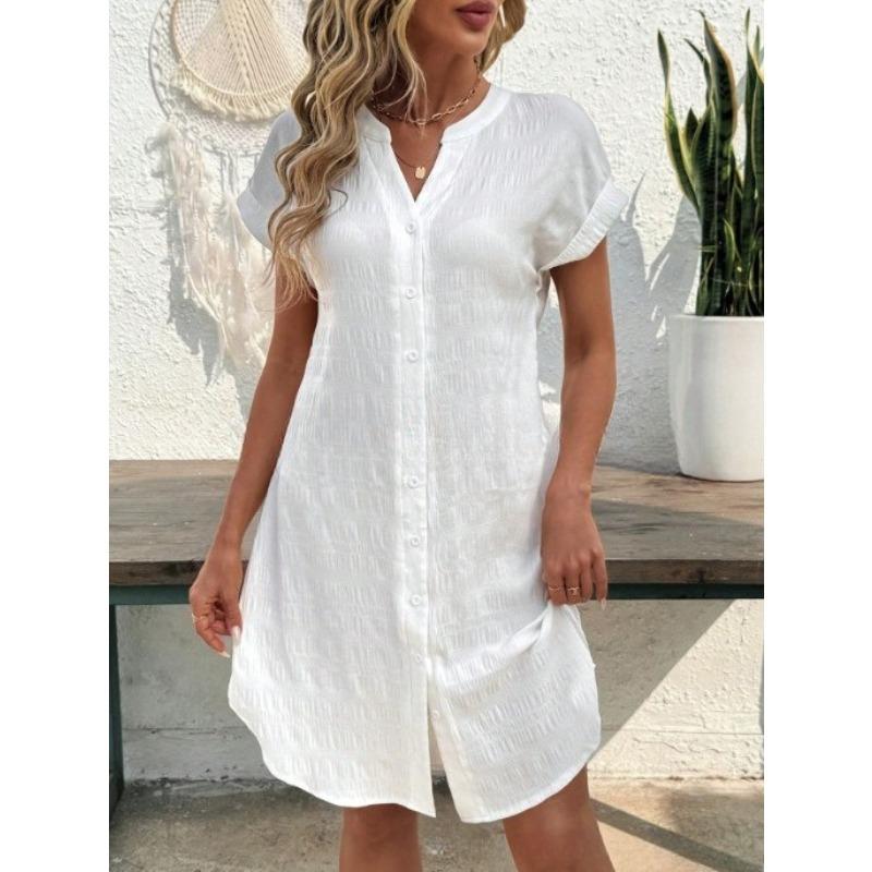 VEZFAA Abiti casual da donna, moda estate primavera, stampa tinta unita, manica corta, scollo a V, vita ampia