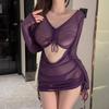 Erotic Lingerie Women's Uniform Sexy Purple Mesh See-through Pyjamas Wrap Dress Pure Desire Net Red Drawstring Pleated