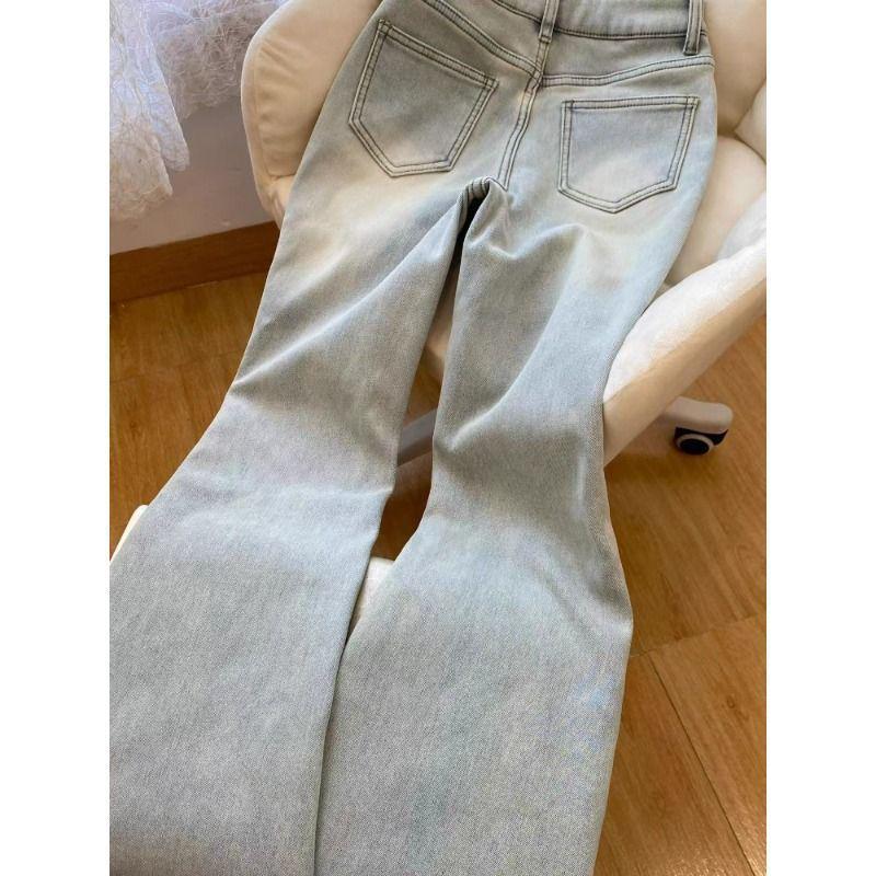 High Waist Plus-Sized Light Blue Velvet Flare Jeans for Autumn/Winter