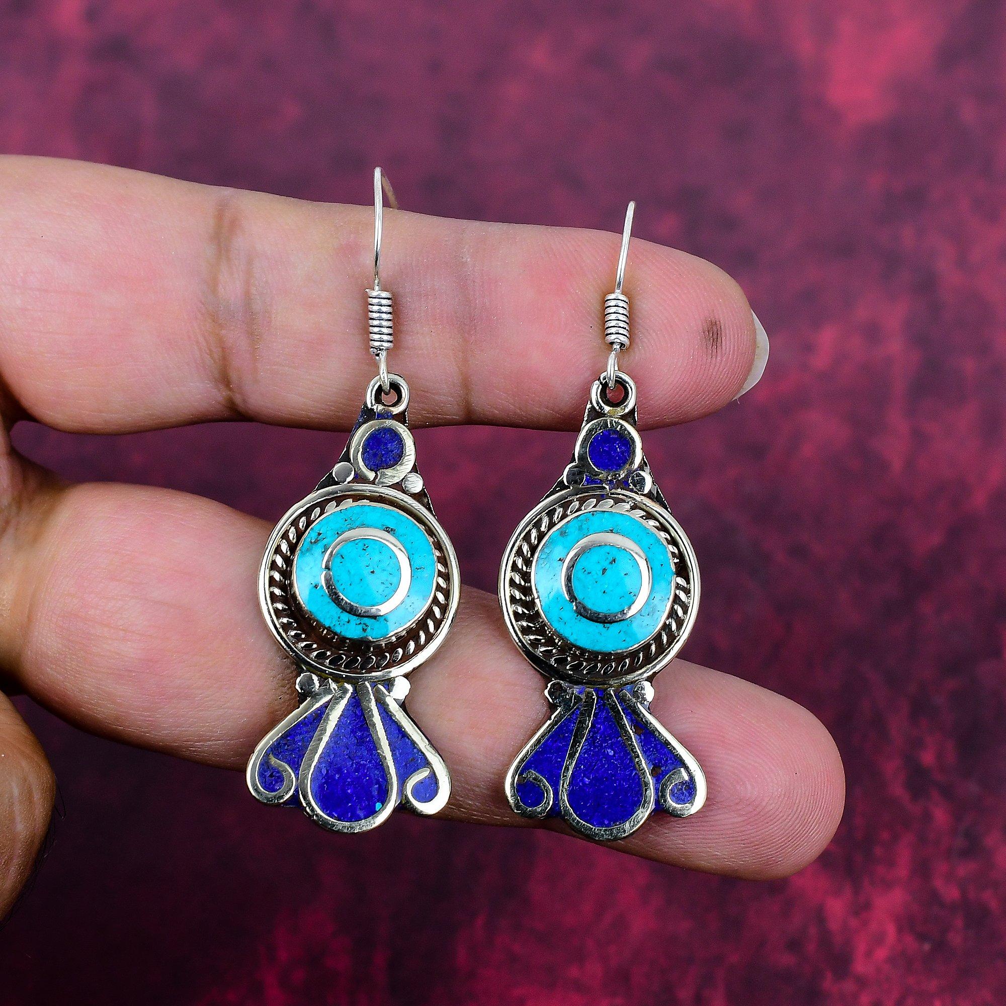 

Turquoise & Lapis Lazuli Earrings, 925 Solid Sterling Silver Gemstone Jewelry, Handmade Earrings, For Thanksgiving 2.16 Inches