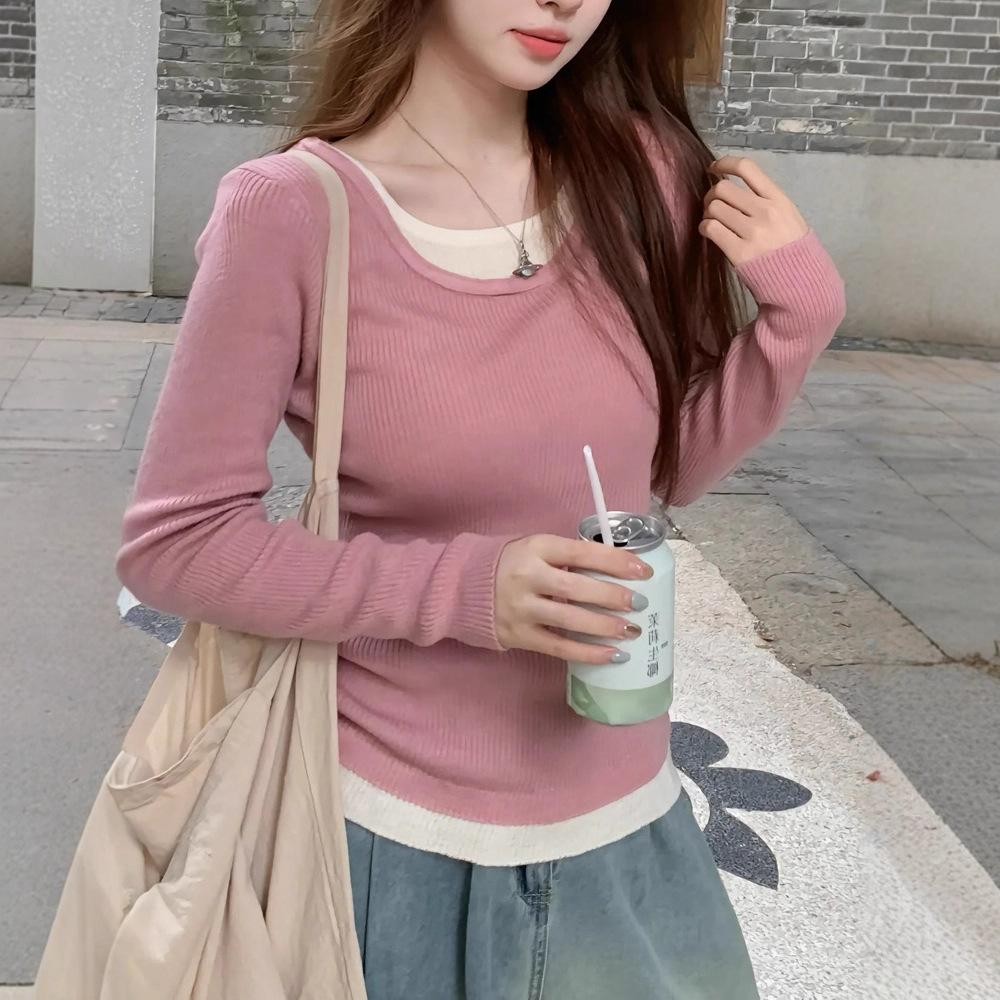 

Lazy Autumn Chic Long Sleeve Fake Two Pink Knitted Sweater Design Women s Shoulder T-Shirt one size fits all