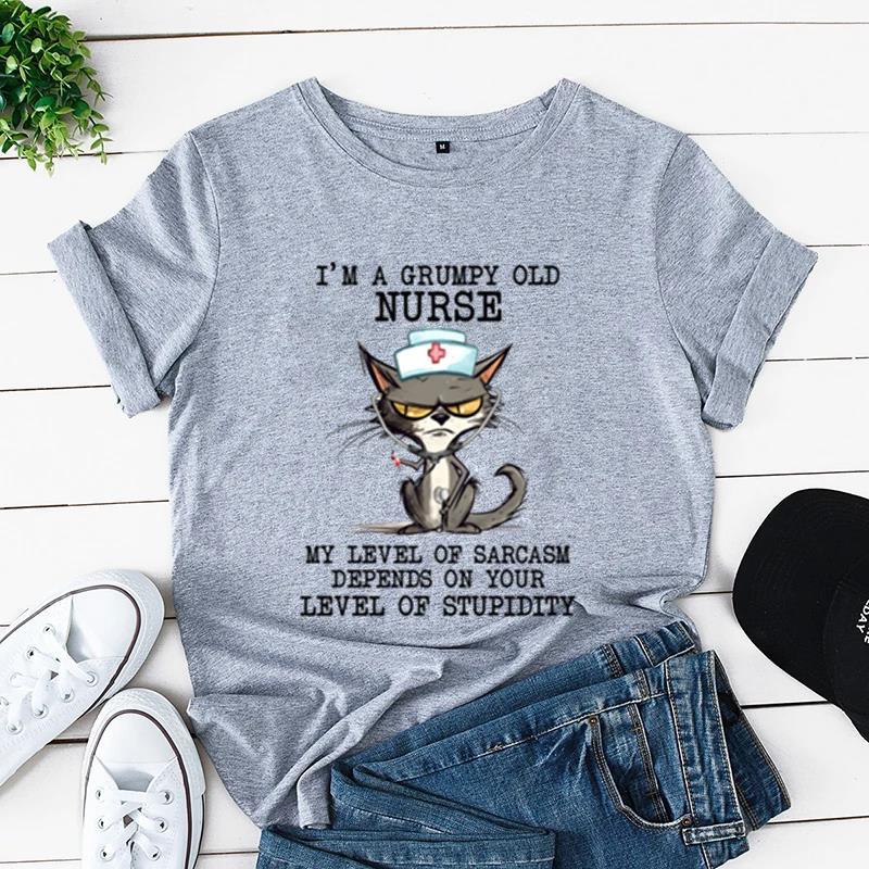 Sommer Kurzarm T-Shirt bedruckt mit Schwarzer Katze Gartenarbeit Lässig Lockeres Oberteil, Modische Reine Baumwoll-T-Shirts Damen