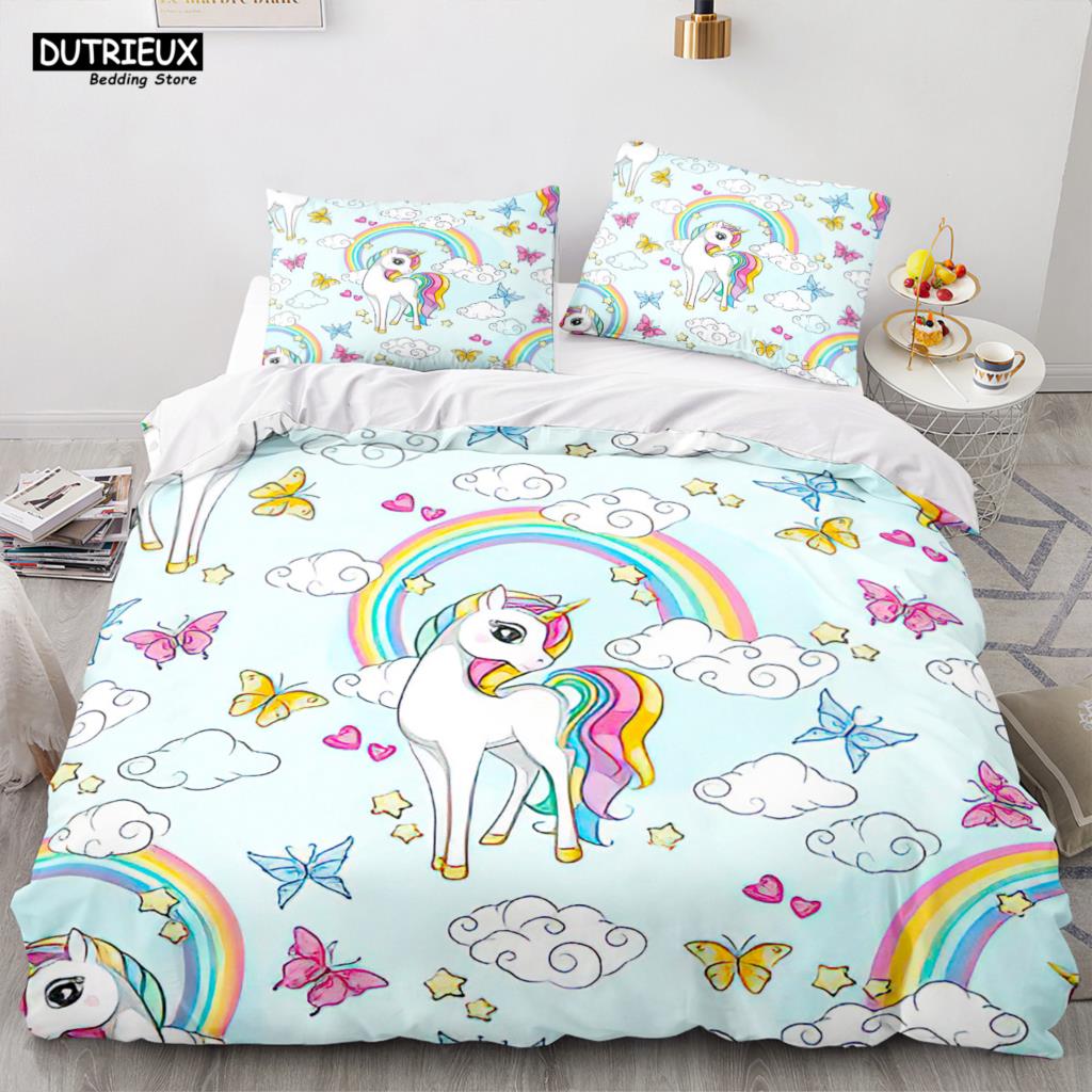Cartoon Rainbow Unicorn Bedding Set Unicorn Sets Single Double Queen Twin Full Size Duvet Cover Kid Girls Child Soft Duvet Cover