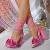 Liyke Summer Fashion Embroidery Flowers Ankle Strap Sandals Women Open Toe Pink High Heels Wedding Banquet Shoes Zapatos Mujer