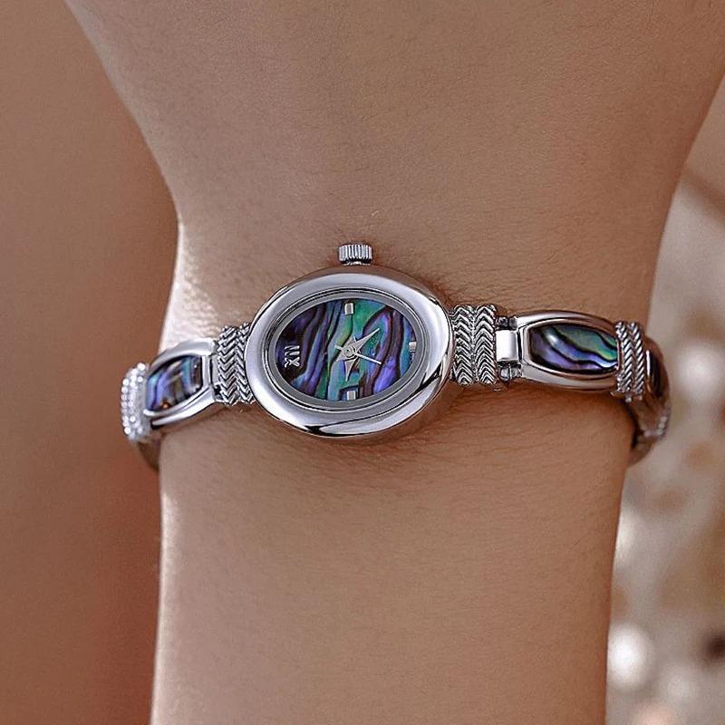 Women Shells Bracelet Watches Oval Dial Clock Quartz Wristwatch