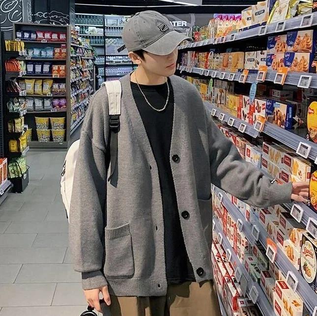 Man Clothes with Pockets Knitted Sweaters for Men Coat Solid Color Plain Jacket Cardigan Icon V Neck Overfit Ugly Korean Fashion