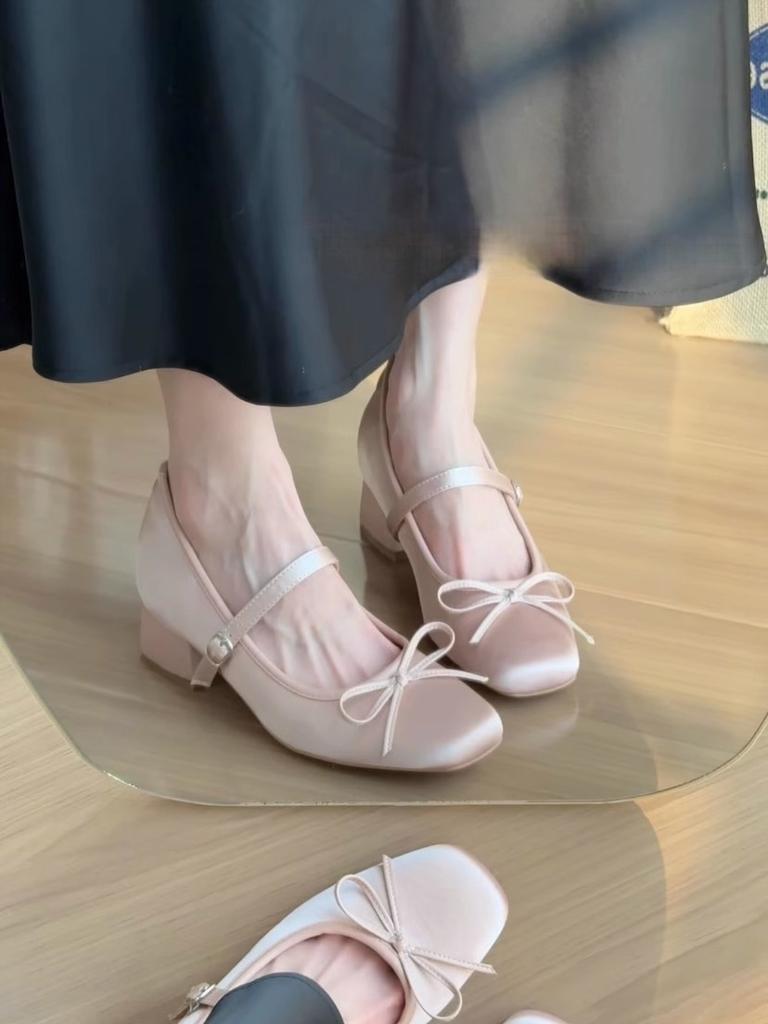Inner Height Increase 7CM Pink Satin Bow High Heel Mary Jane Shoes Women's Thick Heel Soft Sole Versatile Ballet Single Shoes Women