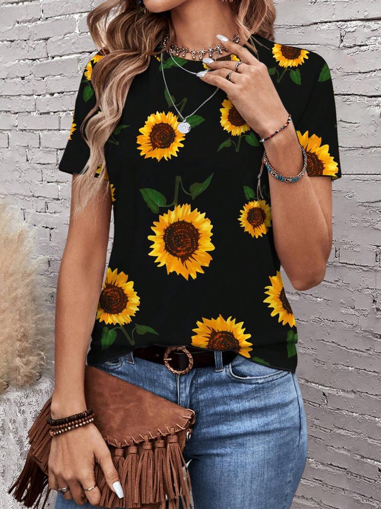 Sunflower Color Flower 3D Printing Women's T-shirt Casual Round Neck Short-sleeved Top Harajuku Y2k Tee Women's Clothing