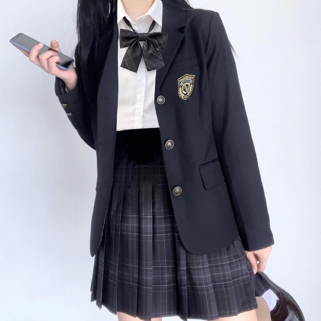 QOOLY Uniformă de Liceu Marină Carouri Blazer și cu pentru Asortare Școală Absolvire Halloween Mărime M Set 5 Piese, Costum, Fustă, Panglică, Femei,