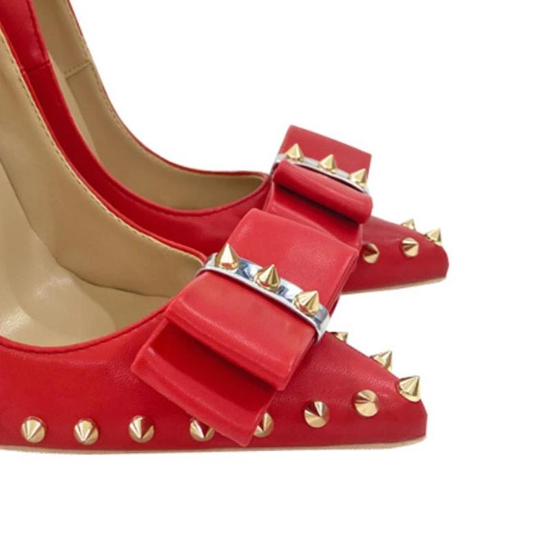 

Красные матовые женские туфли с острым носком на высоком каблуке с бантом, сексуальные шипы, заклепки, туфли-лодочки на шпильке 8 см, 10 см, 12 см, цвета на заказ 34-46 46