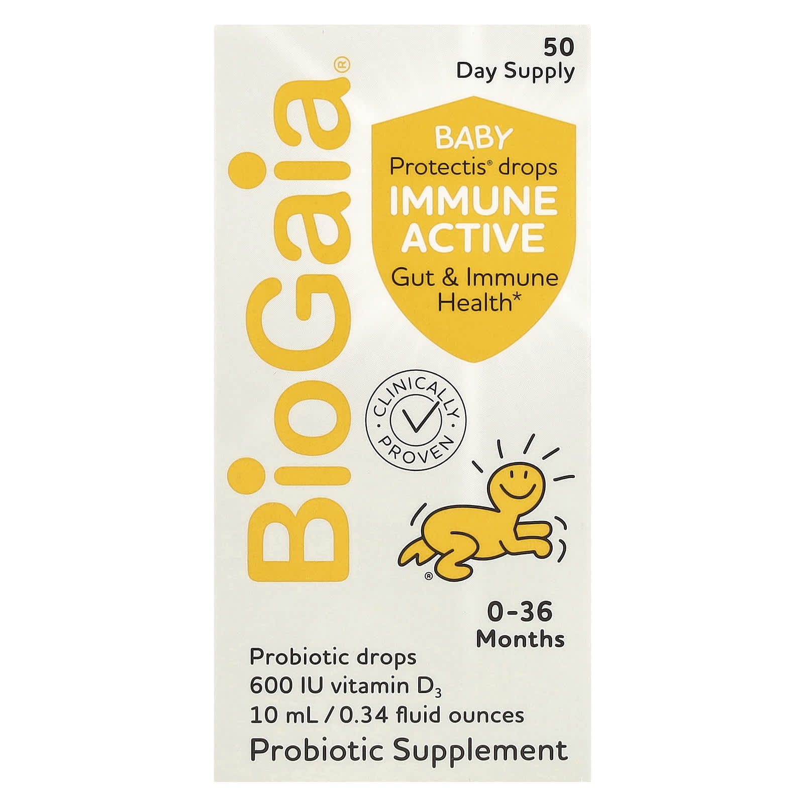 

BioGaia, Протектіс Краплі для немовлят, Імун-Актив, 0-36 місяців, 600 МО, 10 мл (0,34 рідкої унції)