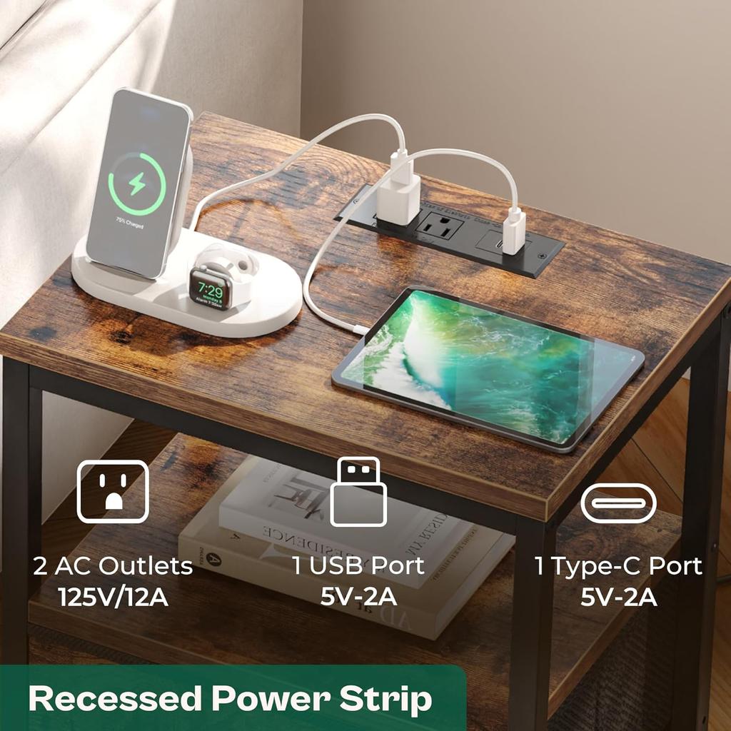 Nightstand with Charging Station, Fabric Drawers, USB Ports & Outlets, Rustic Brown End Table