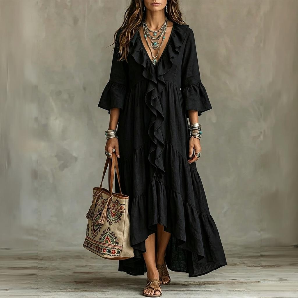 Women's Retro Color V-Neck Three-Quarter Bell Sleeve Ruffle Trim Loose Fit Dress