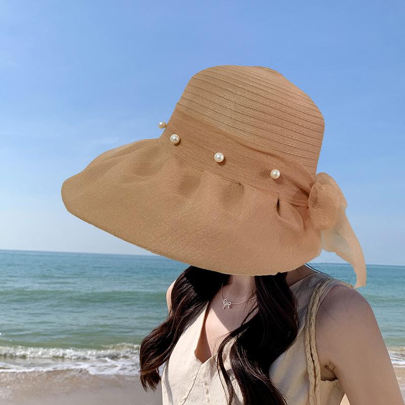 Big Brim Sun Hat Women's Summer New Pearl Mesh Temperament Color Glue Bucket Hat Women's UV Protection Sun Protection Hat