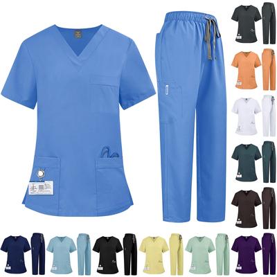 Women's Solid Color Nurse Uniform Quick-drying Fabric V-neck Pocket Short-sleeved Trousers Suit Nursing Nurse Uniform Suit